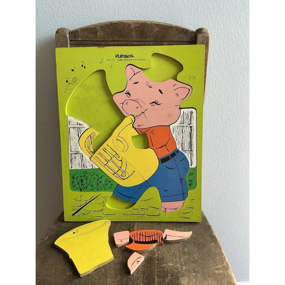 3 Vintage 1950-80sPLAYSKOOL  & SIFO Wood Puzzles | Pig & Tuba | Clock | Wildlife